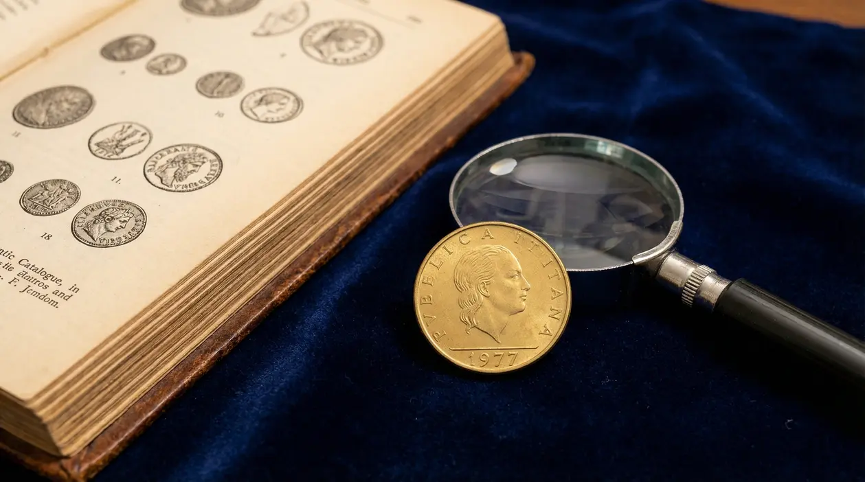 Moneta da 200 lire del 1977 accanto a una lente d'ingrandimento e a un libro di numismatica