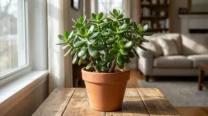 Pianta di albero di giada in vaso su un tavolo vicino a una finestra