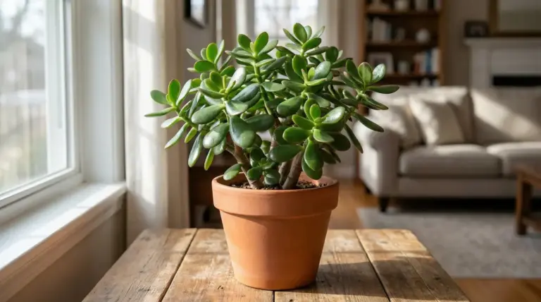 Pianta di albero di giada in vaso su un tavolo vicino a una finestra