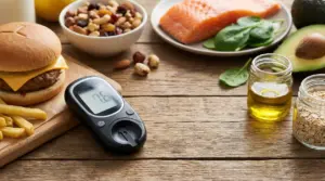 Varietà di alimenti su un tavolo in legno con un misuratore glicemico