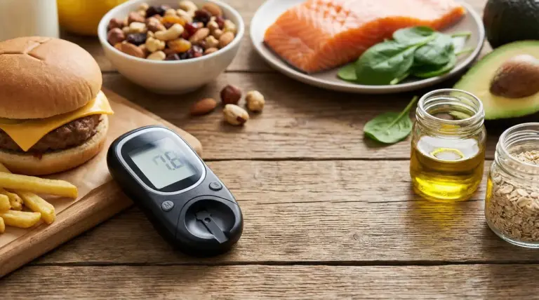 Varietà di alimenti su un tavolo in legno con un misuratore glicemico