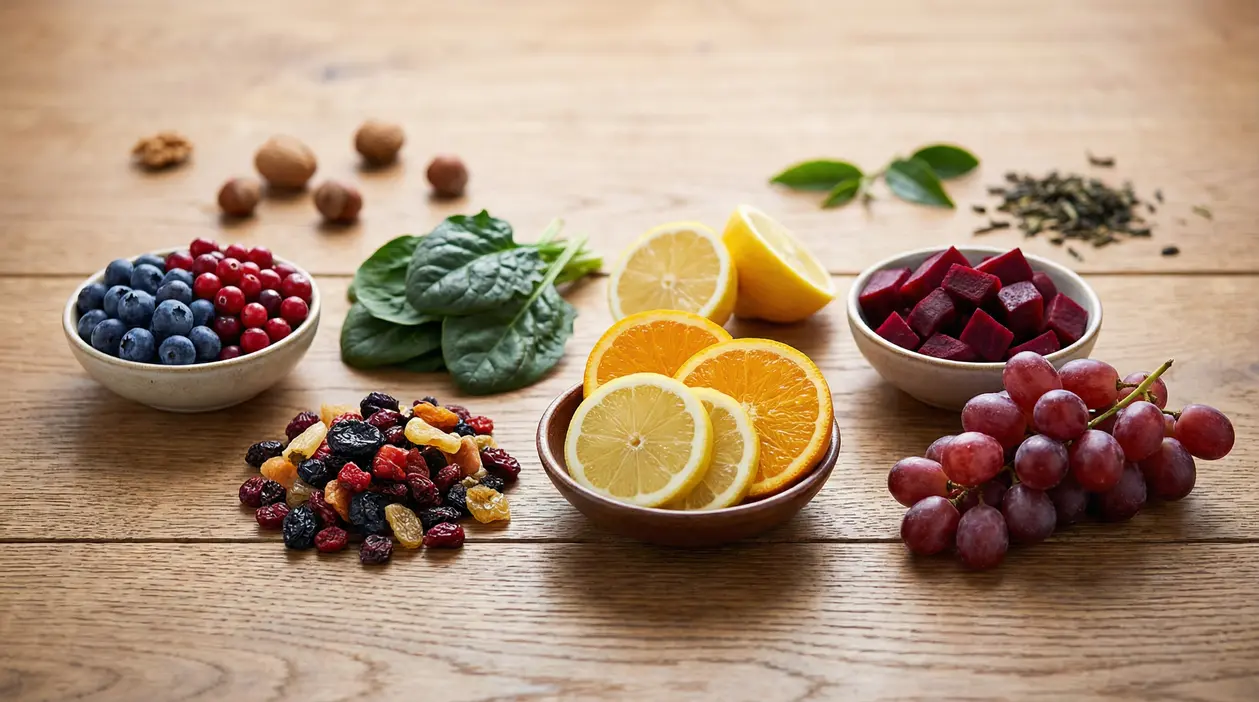 Frutta e verdura ricca di antiossidanti naturali su un tavolo di legno