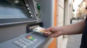 Persona mentre preleva contanti da uno sportello bancomat in città