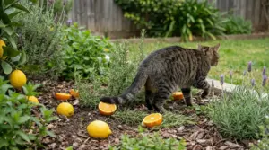 Gatto in un giardino tra agrumi e piante aromatiche