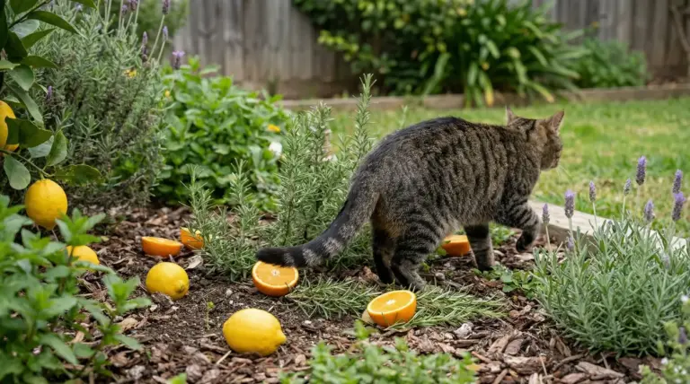 Gatto in un giardino tra agrumi e piante aromatiche