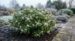 Arbusto sempreverde con piccoli fiori rosa in un giardino invernale