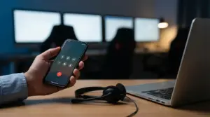 Una persona tiene uno smartphone in chiamata vicino a un computer portatile e una cuffia