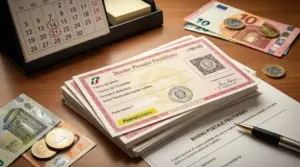 Buono fruttifero postale su scrivania con penna, calendario e banconote in euro