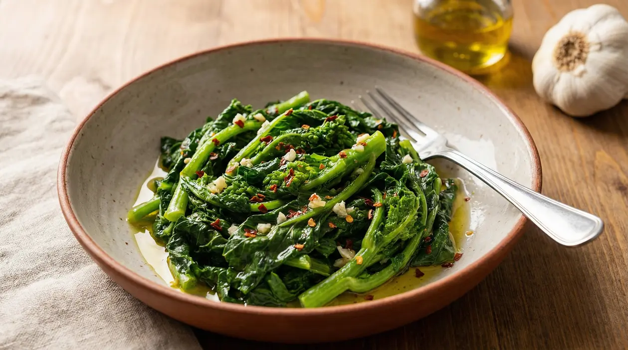 Piatto di cime di rapa cotte con aglio, olio e peperoncino in una ciotola di ceramica