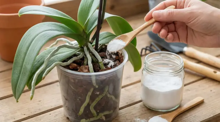 Una mano aggiunge bicarbonato al vaso trasparente di un'orchidea