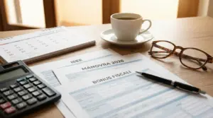 Documenti fiscali su un tavolo con occhiali, calcolatrice e calendario 2026