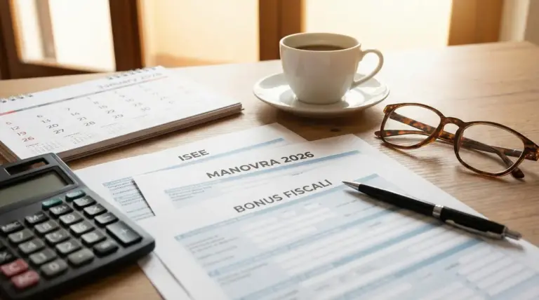 Documenti fiscali su un tavolo con occhiali, calcolatrice e calendario 2026