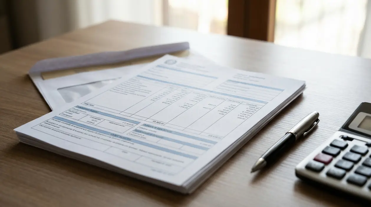 Buste paga su una scrivania con penna, calcolatrice e busta postale