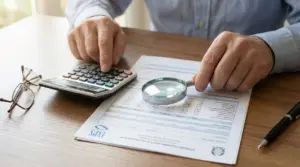 Persona controlla un documento pensionistico con lente d’ingrandimento e calcolatrice