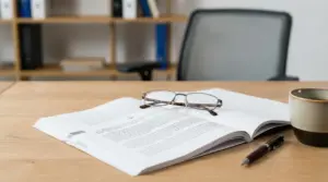 Occhiali su un documento aperto con penna e tazza su una scrivania.