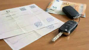 Documenti di pagamento e certificato di registrazione su cruscotto di un'auto con chiavi