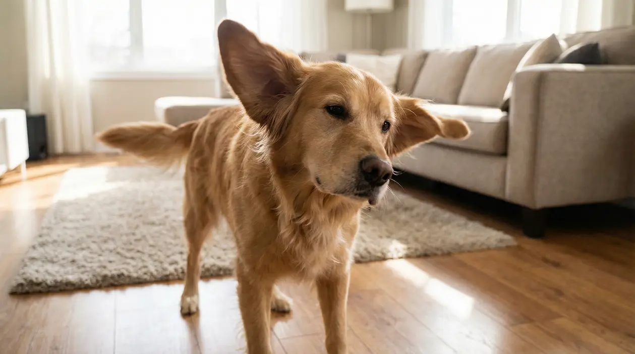Cane scuote la testa in una stanza con pavimento in legno e divano sullo sfondo