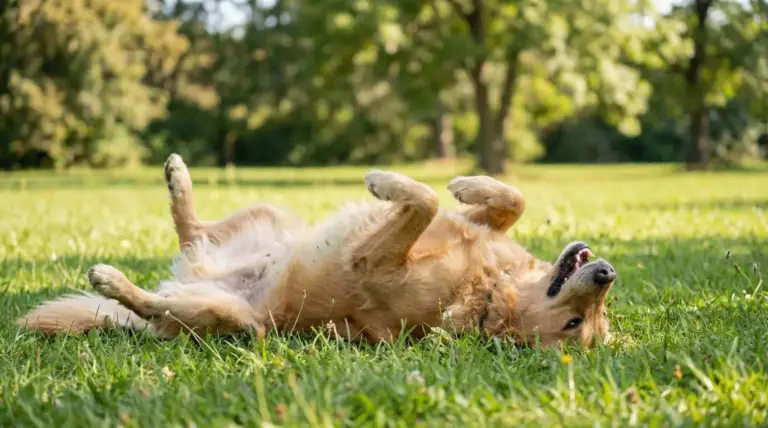 Cane che si rotola sull’erba in una giornata di sole in un parco