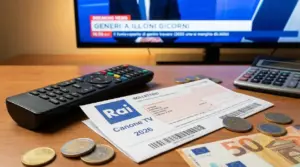 Bollettino del canone Rai 2026 su un tavolo con telecomando, calcolatrice e monete