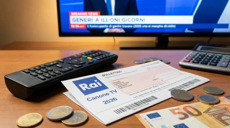 Bollettino del canone Rai 2026 su un tavolo con telecomando, calcolatrice e monete
