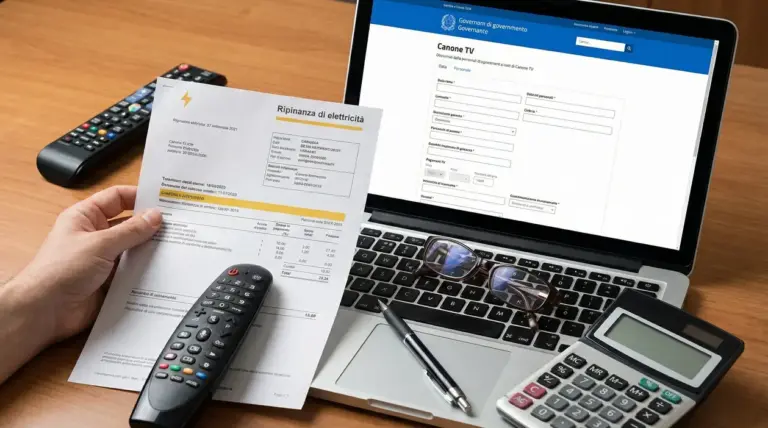 Una persona controlla la bolletta elettrica con un modulo online su Canone TV aperto sul laptop
