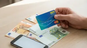 Mano che tiene una carta Postepay sopra banconote da 50 e 100 euro e uno smartphone su un tavolo