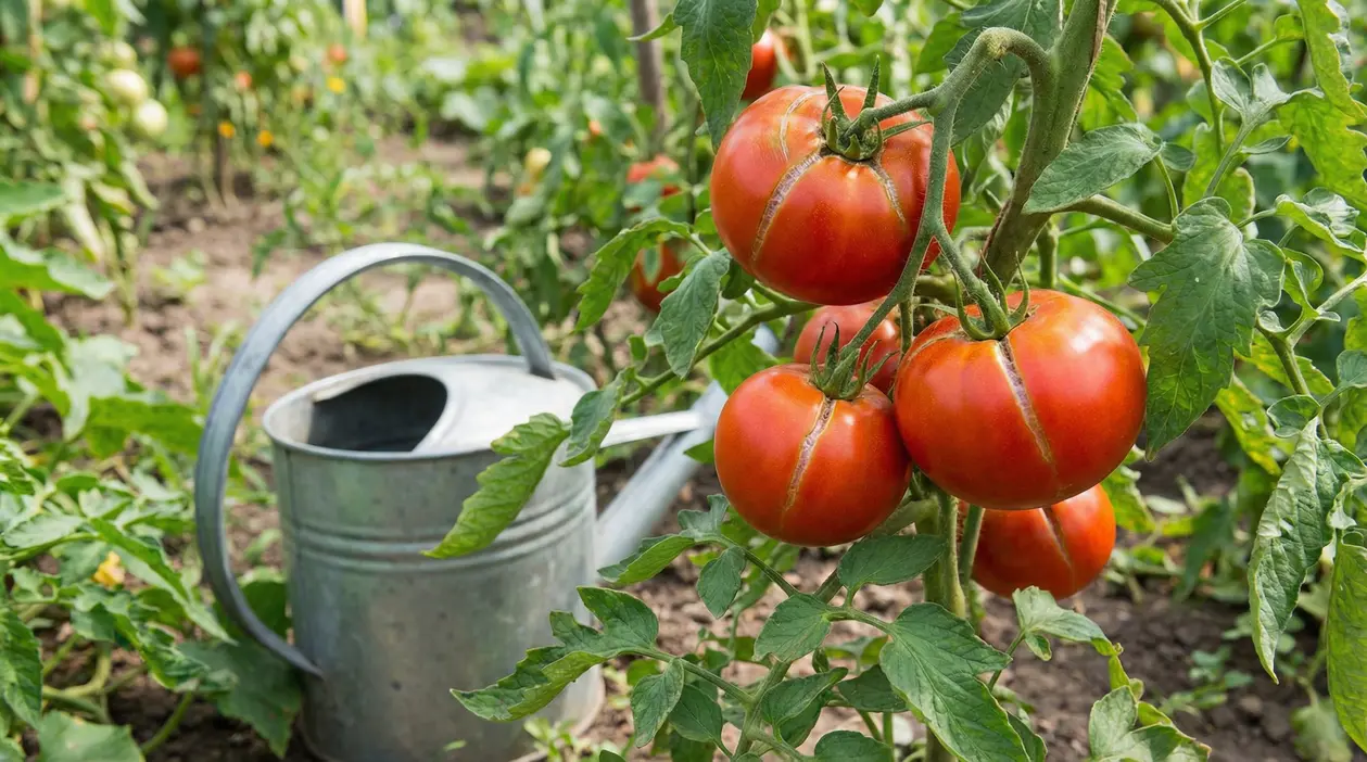 Pomodori spaccati su una pianta in orto con annaffiatoio vicino