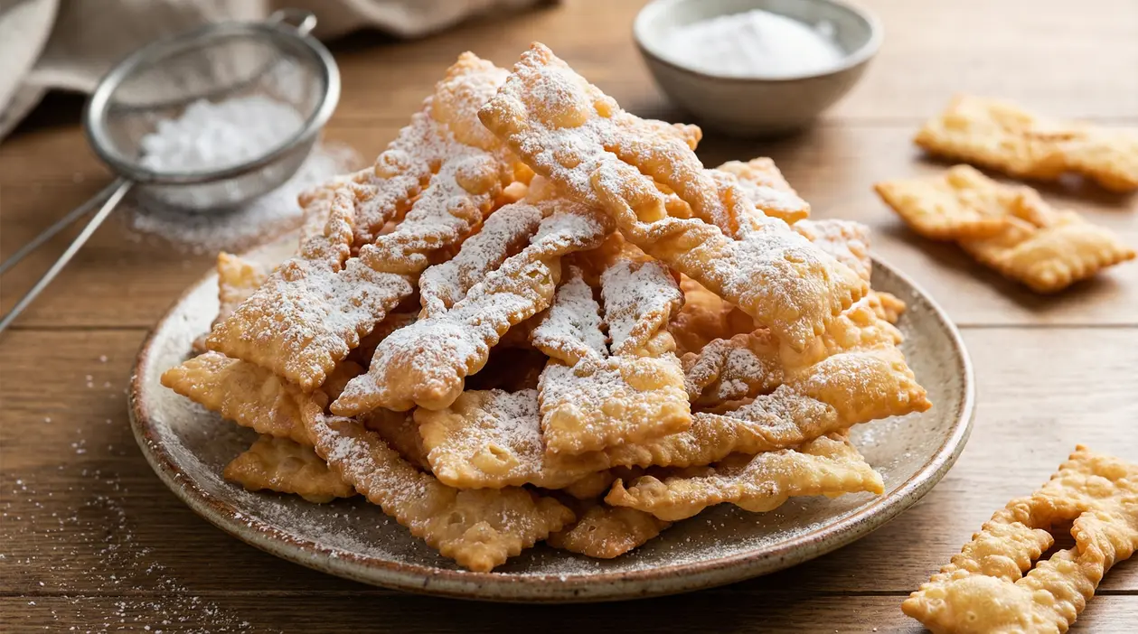 Chiacchiere di Carnevale dorate e friabili con zucchero a velo su un piatto di ceramica