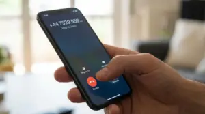 Persona che osserva lo schermo di uno smartphone durante una chiamata in arrivo