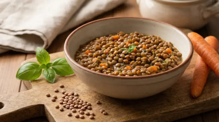 Zuppa di lenticchie in ciotola di ceramica con carote su tagliere di legno