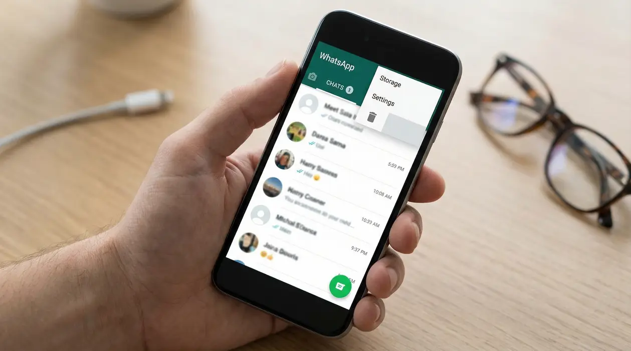 Persona tiene in mano uno smartphone con l'app WhatsApp aperta sulla schermata chat