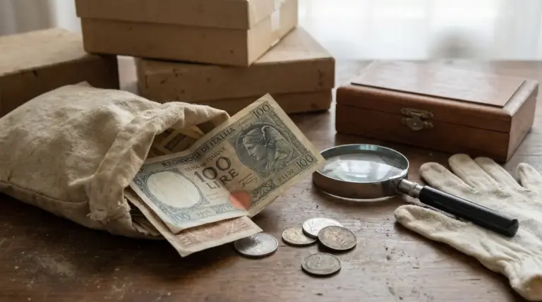 Vecchie banconote e monete in lire italiane su un tavolo con lente d'ingrandimento e guanti
