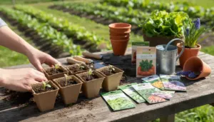 Mani che sistemano piantine in vasi biodegradabili su un tavolo da giardinaggio