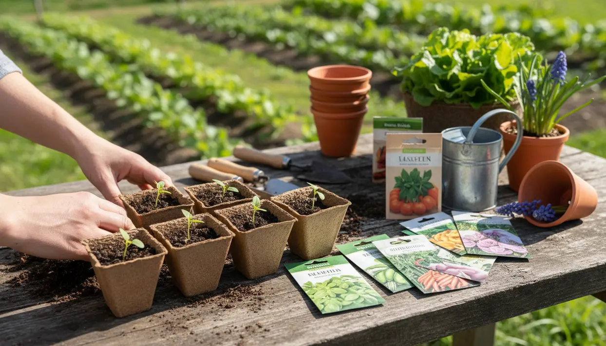 Mani che sistemano piantine in vasi biodegradabili su un tavolo da giardinaggio