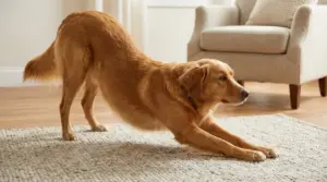 Cane marrone che si stira su un tappeto in una stanza con pavimento in legno
