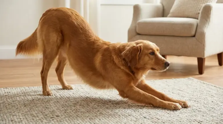 Cane marrone che si stira su un tappeto in una stanza con pavimento in legno