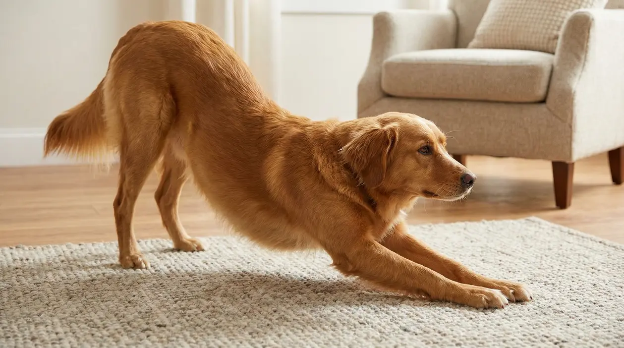 Cane marrone che si stira su un tappeto in una stanza con pavimento in legno