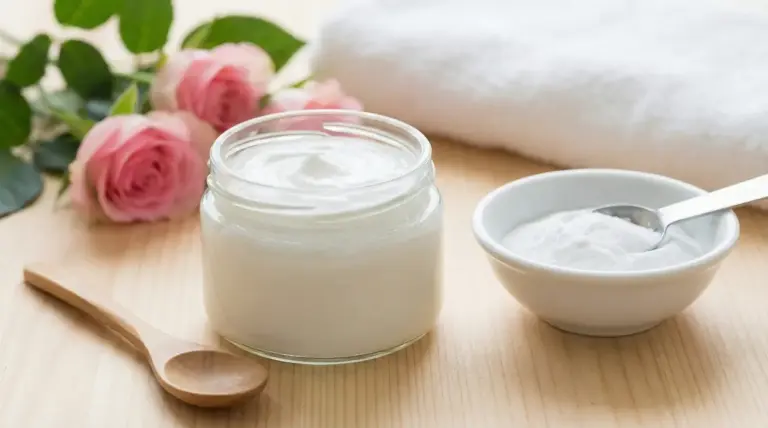 Crema naturale in barattolo con bicarbonato di sodio in ciotola su tavolo di legno