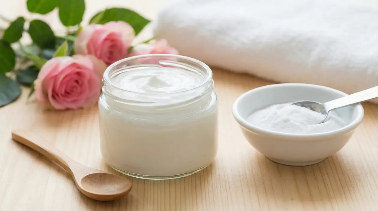 Crema naturale in barattolo con bicarbonato di sodio in ciotola su tavolo di legno