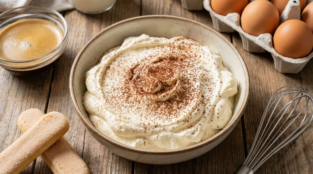 Ciotola di crema al mascarpone spolverata di cacao con ingredienti per tiramisù sul tavolo