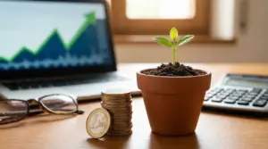 Vasetto con piantina accanto a monete euro su una scrivania con grafico finanziario