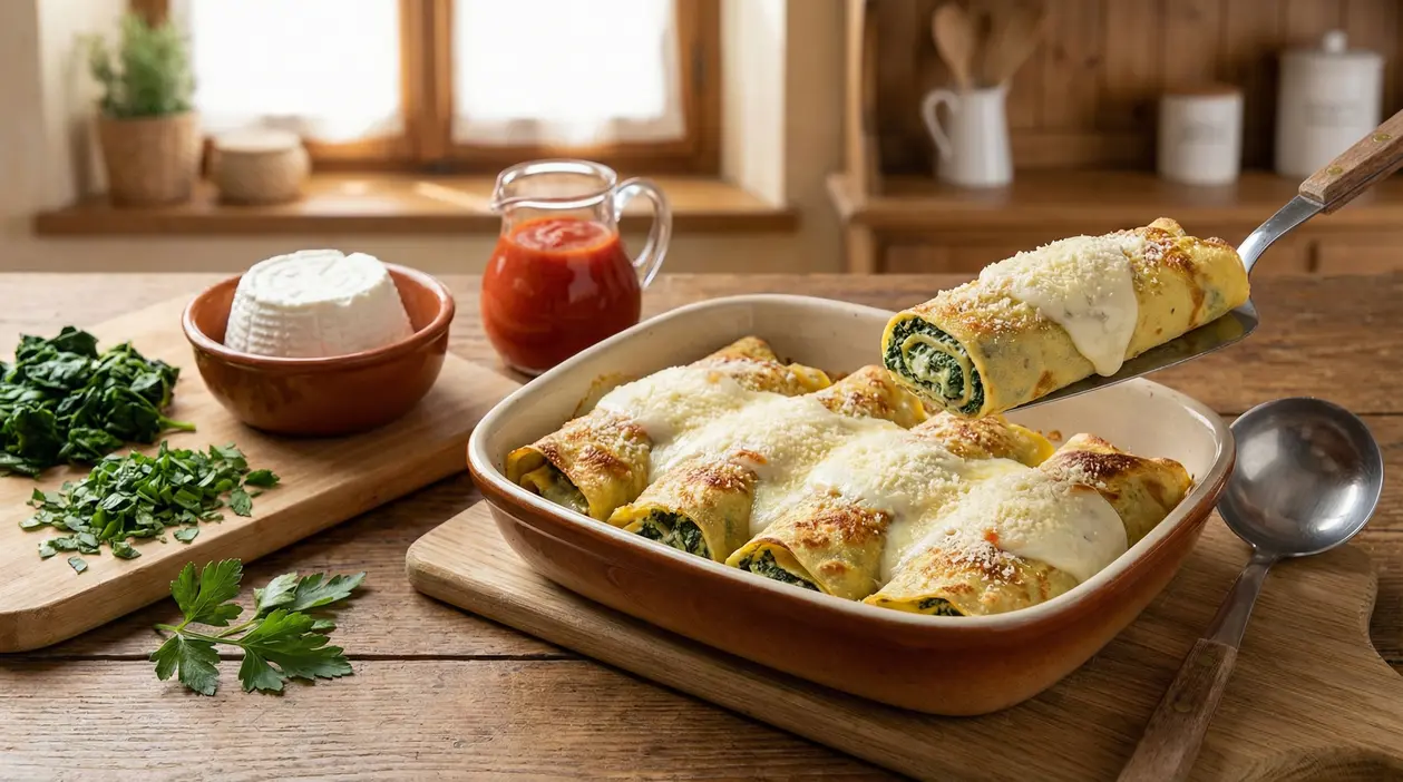 Crespelle al forno ripiene di ricotta e spinaci su un tavolo rustico
