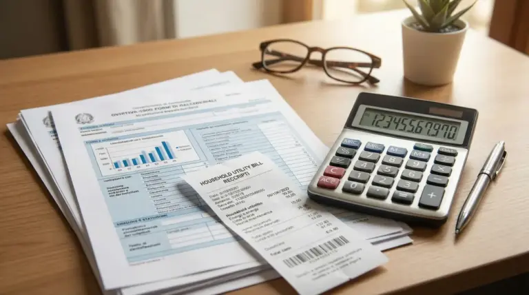 Calcolatrice, ricevute e documenti fiscali su una scrivania