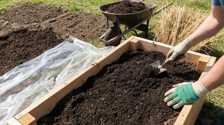 Persona con guanti da giardinaggio lavora il terreno in una aiuola rialzata