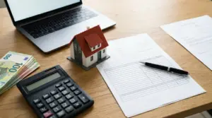 Modello di casa su una scrivania con soldi, calcolatrice, documenti e laptop