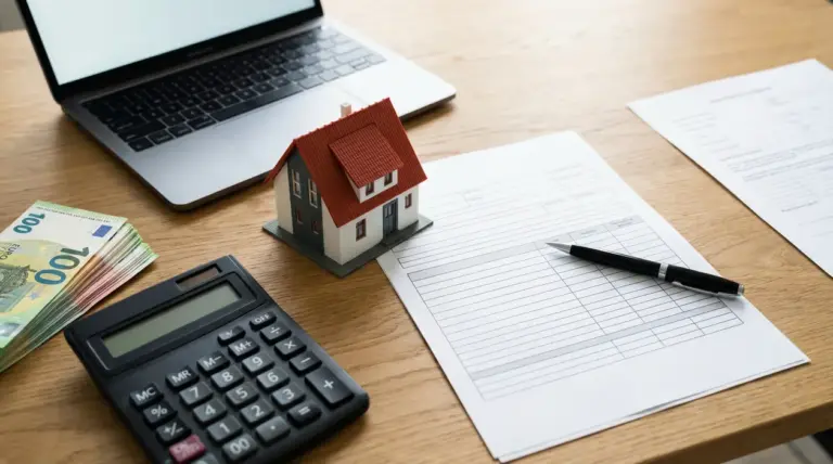 Modello di casa su una scrivania con soldi, calcolatrice, documenti e laptop