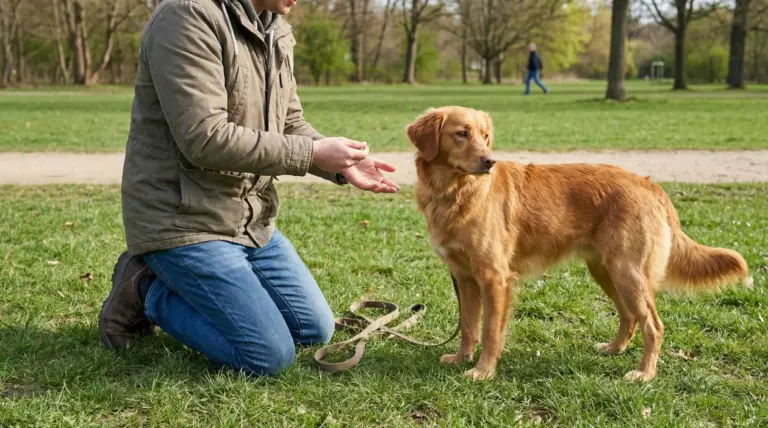 Persona inginocchiata in un parco davanti a un cane al guinzaglio