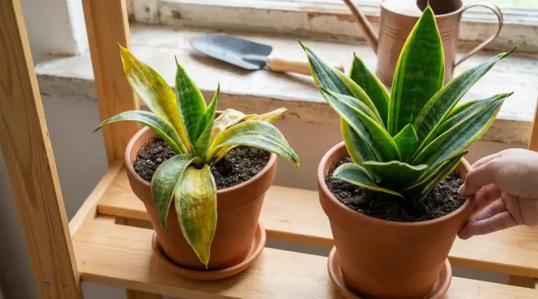 Due piante di sansevieria in vaso, una sana e una con foglie ingiallite