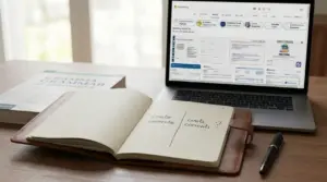 Notebook aperto con appunti grammaticali su conto corrente accanto a un computer portatile