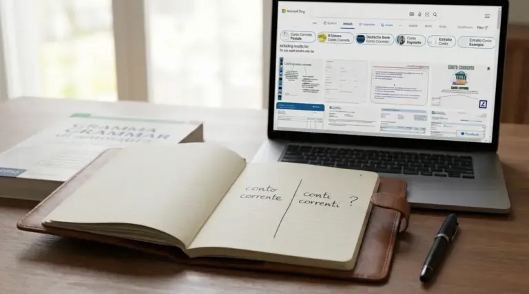 Notebook aperto con appunti grammaticali su conto corrente accanto a un computer portatile